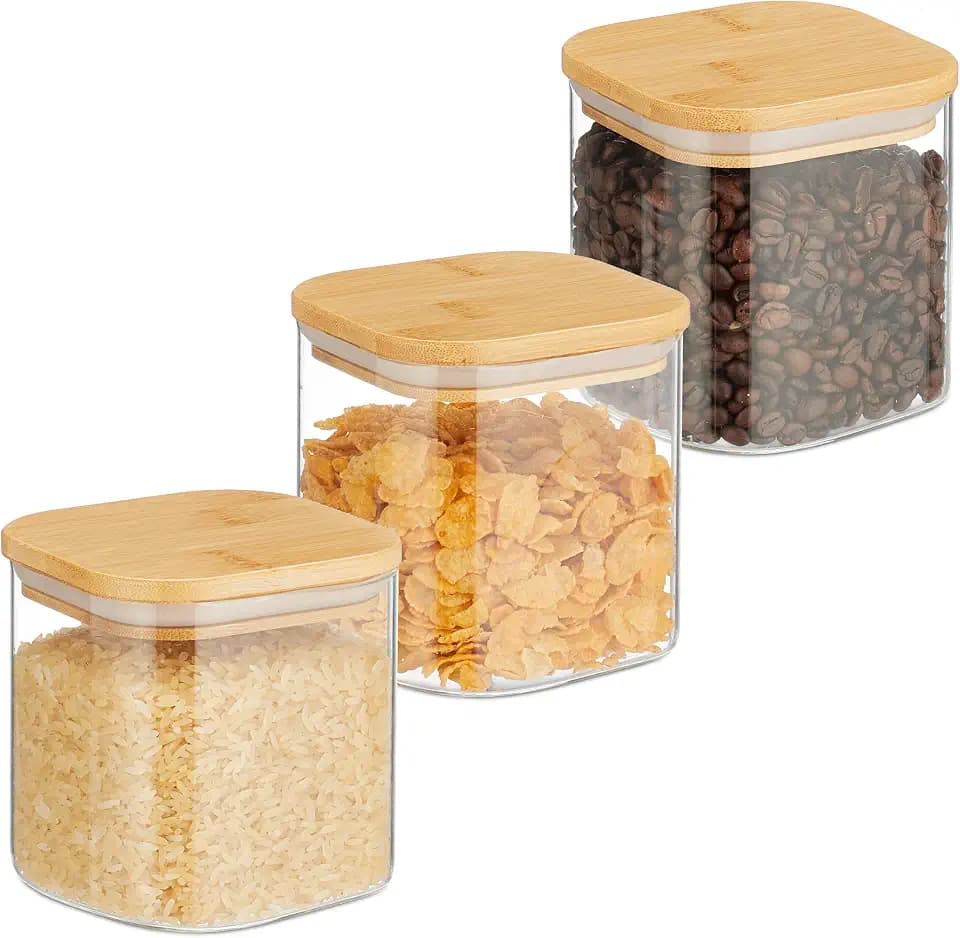Relaxdays Vorratsgläser mit Bambusdeckel, 3er Set, eckige Vorratsdosen aus Glas, 600 ml, luftdicht, transparent/Natur