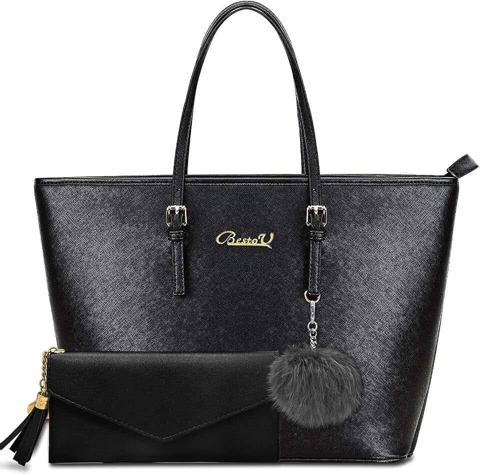 BestoU Handtasche Damen Elegant Umhängetasche Tasche Shopper Damen Schultertasche Große mit einer Geldbörse und Pelz Kugel Plüsch Schlüsselring Schwarz