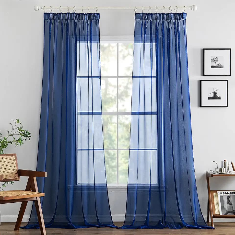 MIULEE Voile Gardine transparent Kräuselband 2er Set B140 H260 Dunkelblau