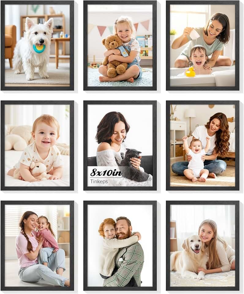 8x10 Picture Frames, 9-Pack Solid Wood Core Black, Wall Gallery Set