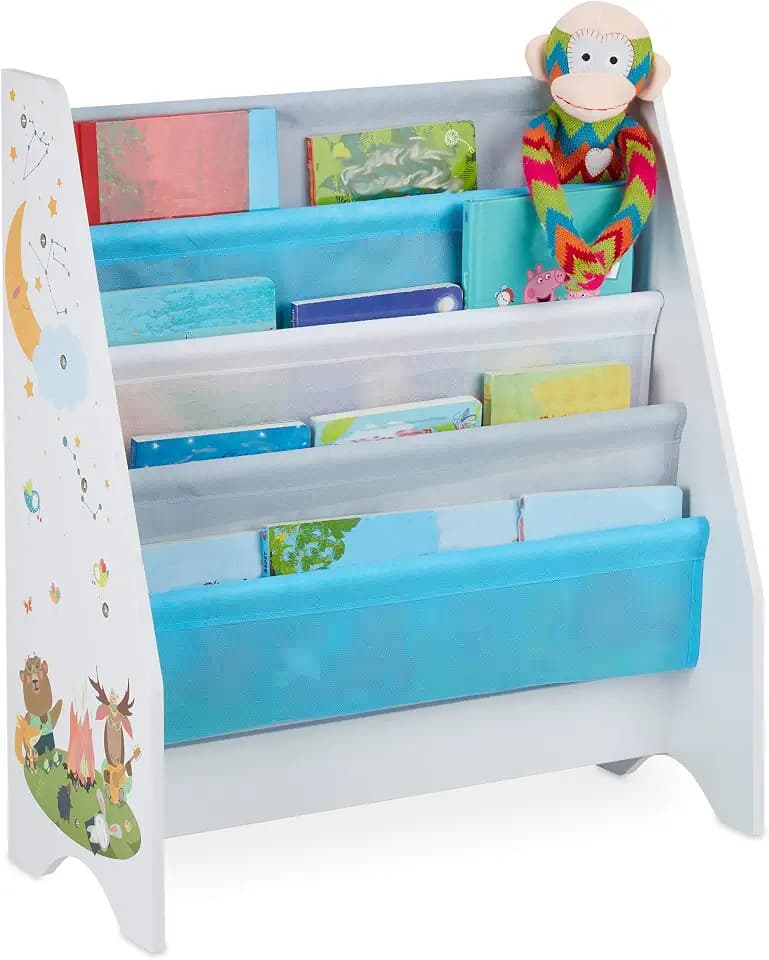 Relaxdays Kinder Bücherregal, 4 Hängefacher, Lagerfeuer Kindermotiv, Bücheraufbewahrung, HBT: 71x62x29 cm, Mehrfarbig