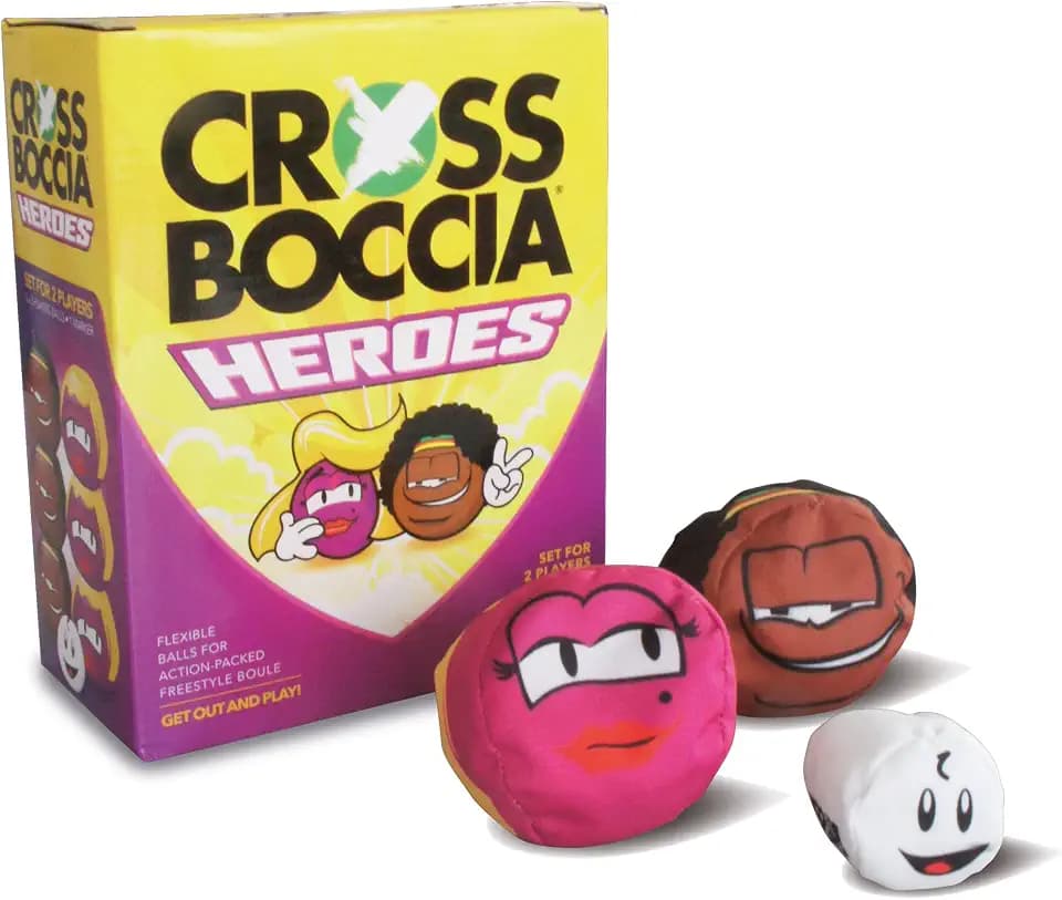Crossboccia® Doublepack Heroes, 2x3 gleichfarbige Stoffsäckchen, verschiedene Designs, Ø 8cm mit Granulat gefüllt, Set für 2 Spieler, inkl. Zielkugel, in 4-Farb Karton mit Regelwerk