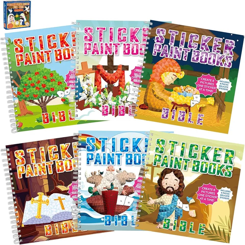 6PCS Bible Paint by Stickers for Kids Ages 4-8 VBS Crafts Sticker by Number Puzzle Activity Book Christian Gift Sunday School DIY Art Kit with Religious Jesus Nativity Tree Noah’s Ark 48 Pictures