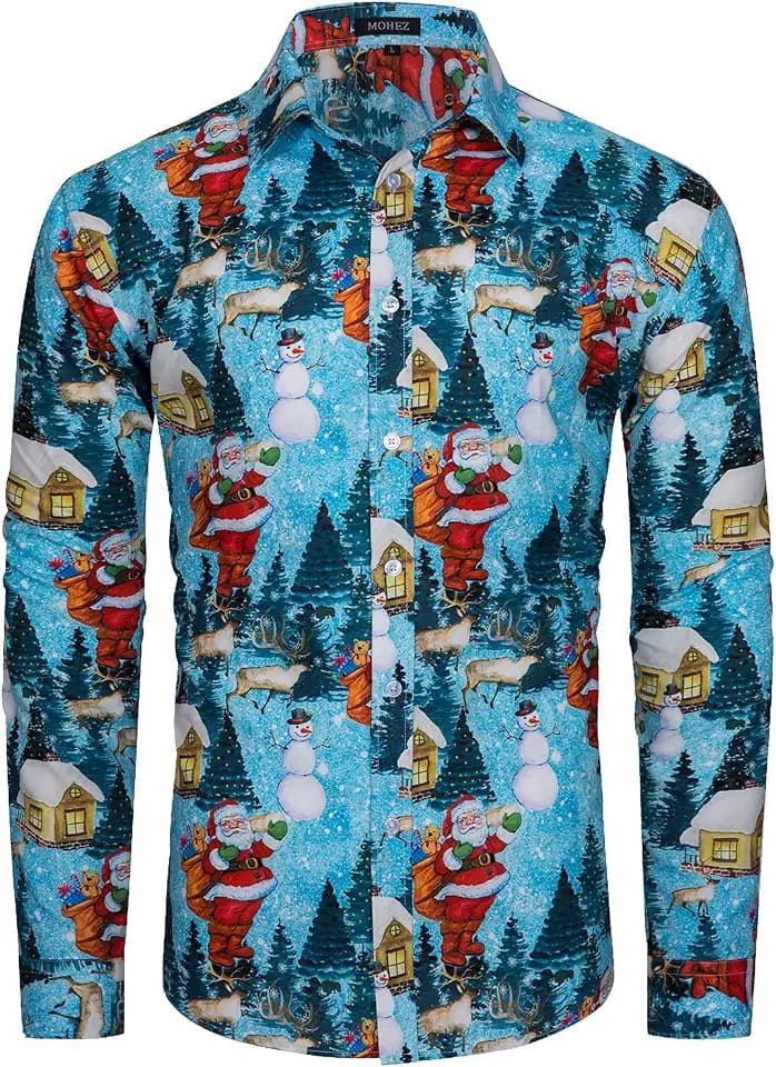 Herren Funky Christmas Print Weihnachtshemd Langarm Button Up Freizeithemd Rentier Santa Schnee Xmas Druck Shirt
