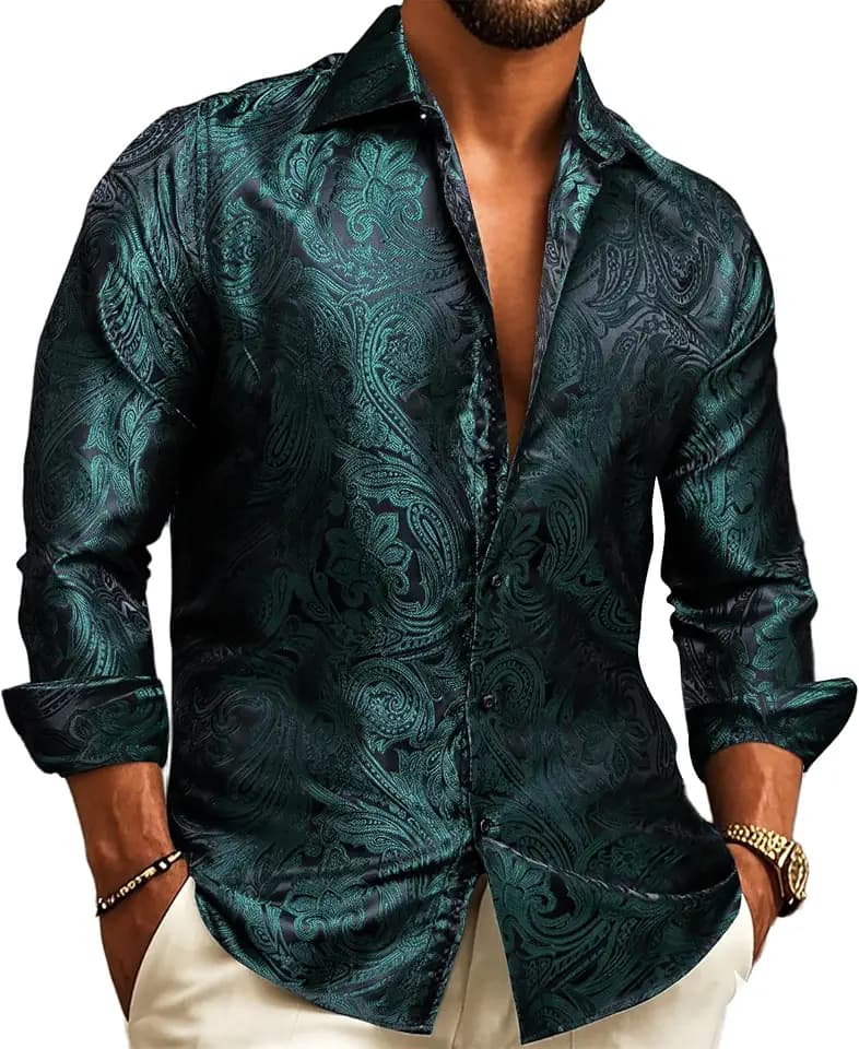 Barry.Wang Mens Western Shirts Casual Paisley Mexico Cowboy Long Sleeve Button Down Designer Dress Shirt Party Country