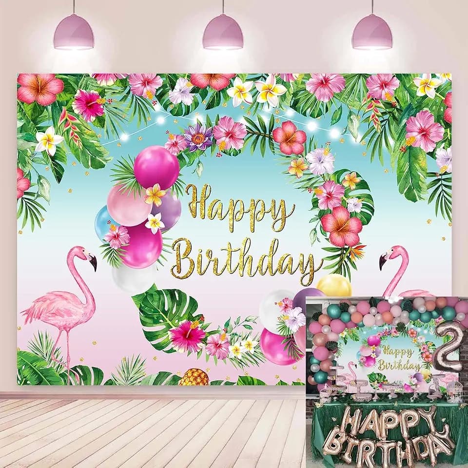 Summer Happy Birthday Backdrop Tropical Hawaiian Flamingo Flowers Palm Leaves Summer Beach Photography Background Aloha Beach Baby Shower Luau Party Supplies Photo Booth Props 7x5FT