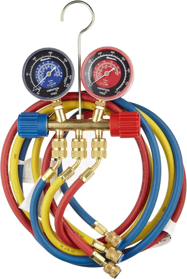 Robinair 40174 Two-Way Brass Manifold - 60" R/Y/B Hoses, for R22/404A/410A