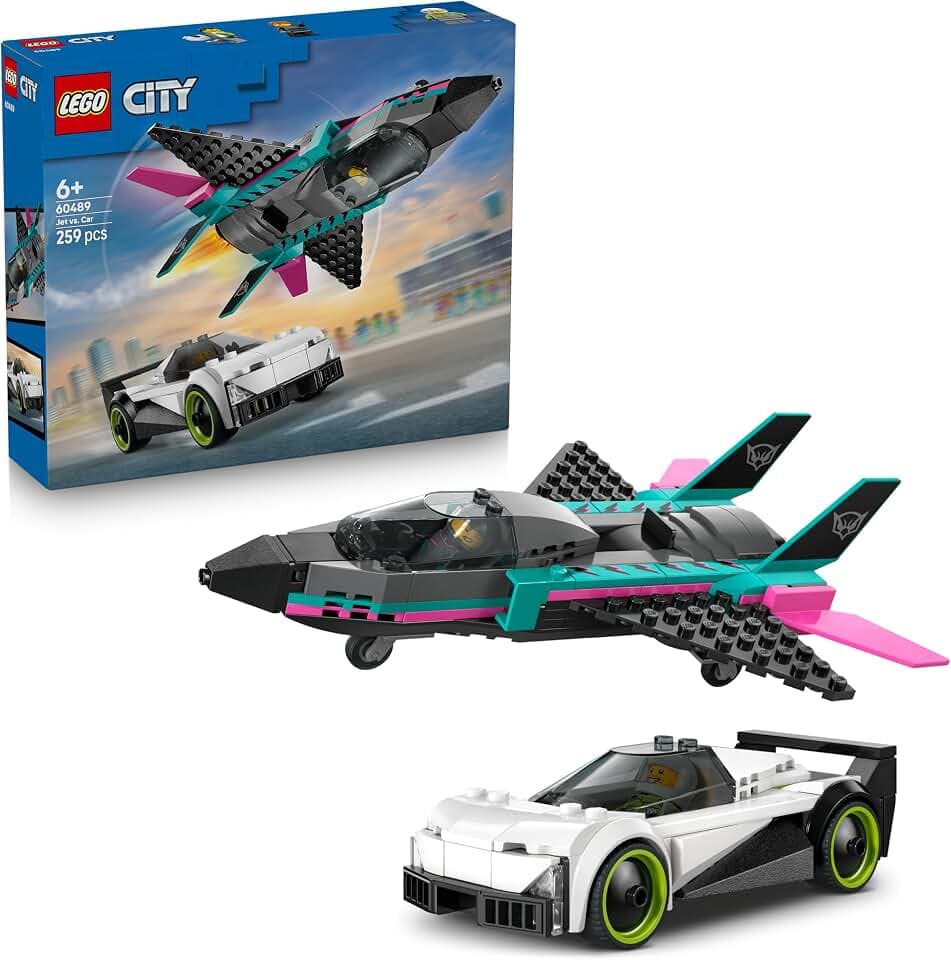 LEGO City Düsenflieger vs. Rennauto - Spielzeug Set mit Flugzeug, Supersportwagen und Pilot und Fahrer Minifigur - Geburtstagsgeschenk für Jungen ab 6 Jahren - 60489