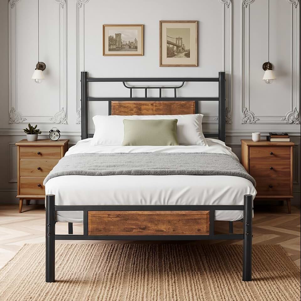 VECELO Bettgestell, 90 x 200 cm, einfacher Plattformrost mit Kopfteil aus Holz, Lattenhalterung aus hochwertigem Stahl, Aufbewahrung unter dem Bett, einfache Montage, Braun