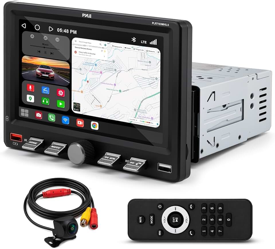 Pyle 1DIN Autoradio Wireless Apple CarPlay Android Auto 7 Zoll Touchscreen Bluetooth 5.0 Rückfahrkamera USB-C Schnellladung FM AM Fernbedienung