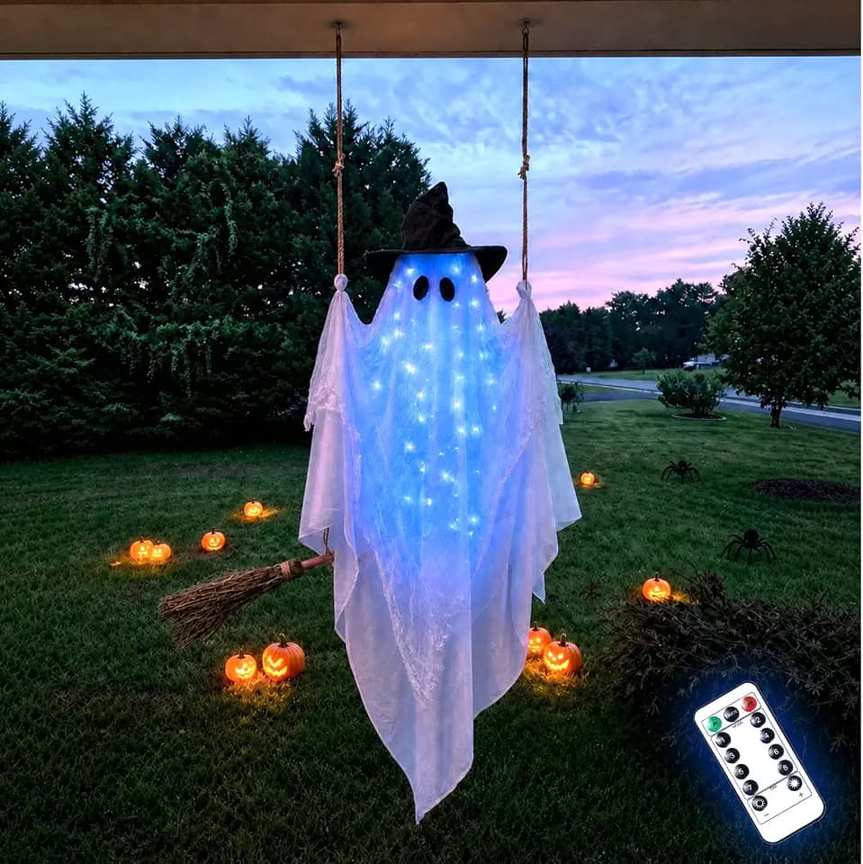 5FT Halloween Adjustable Ghost on Broom Swing for Outdoor Porch Decorations