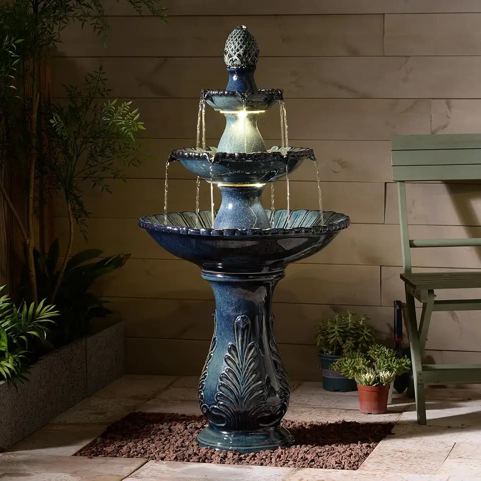 3-Tier Black Ceramic Fountain, Decorative Water Fountain with LED Lights and Quiet Pump, Indoor Outdoor Water Feature for Patio, Garden, Deck, Balcony, Office and Home Décor