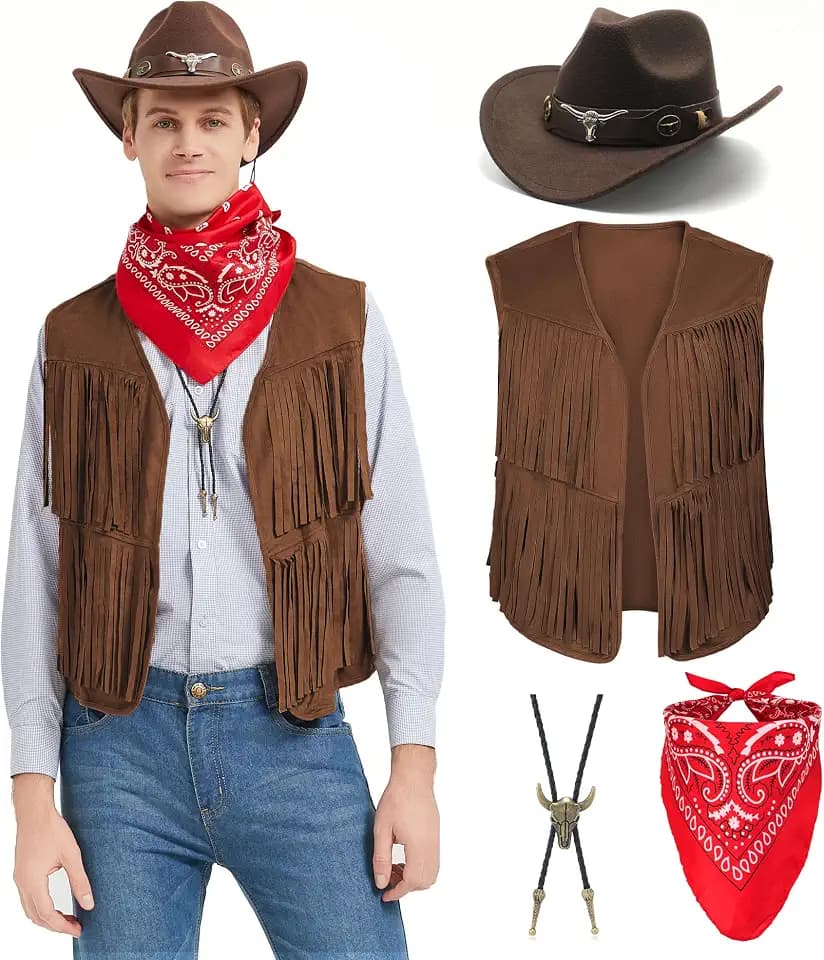 JoeRita Cowboy Costume Men Western Outfit Tassel Vest Hat for Halloween