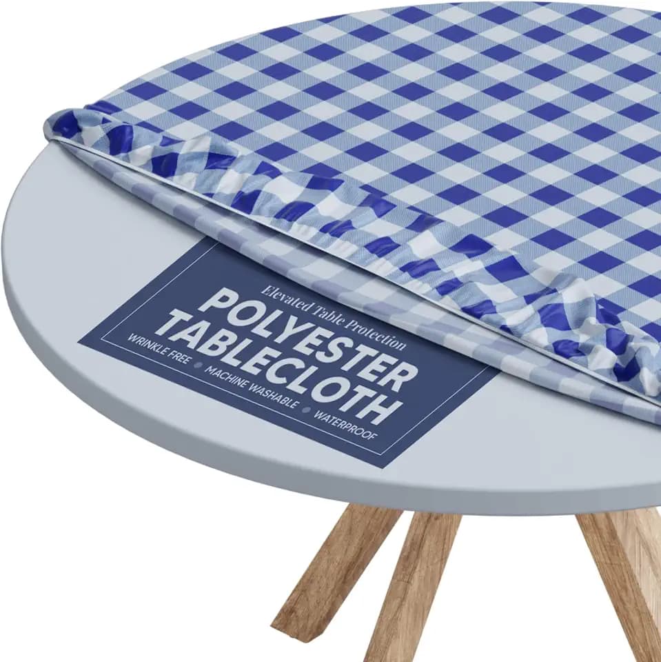 Sorfey Round Tablecloth of Polyester -Fitted with Elastic, Water Proof, Washable, Fits for Table 54 Inches Round, Checked Blue Design, for Indoor/Outdoor Kitchen and Picnic and More...