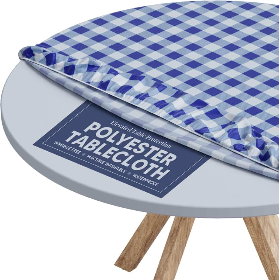 Sorfey Round Tablecloth of Polyester -Fitted with Elastic, Water Proof, Washable, Fits for Table 42 Inches Round, Checked Blue Design, for Indoor/Outdoor Kitchen and Picnic and More...