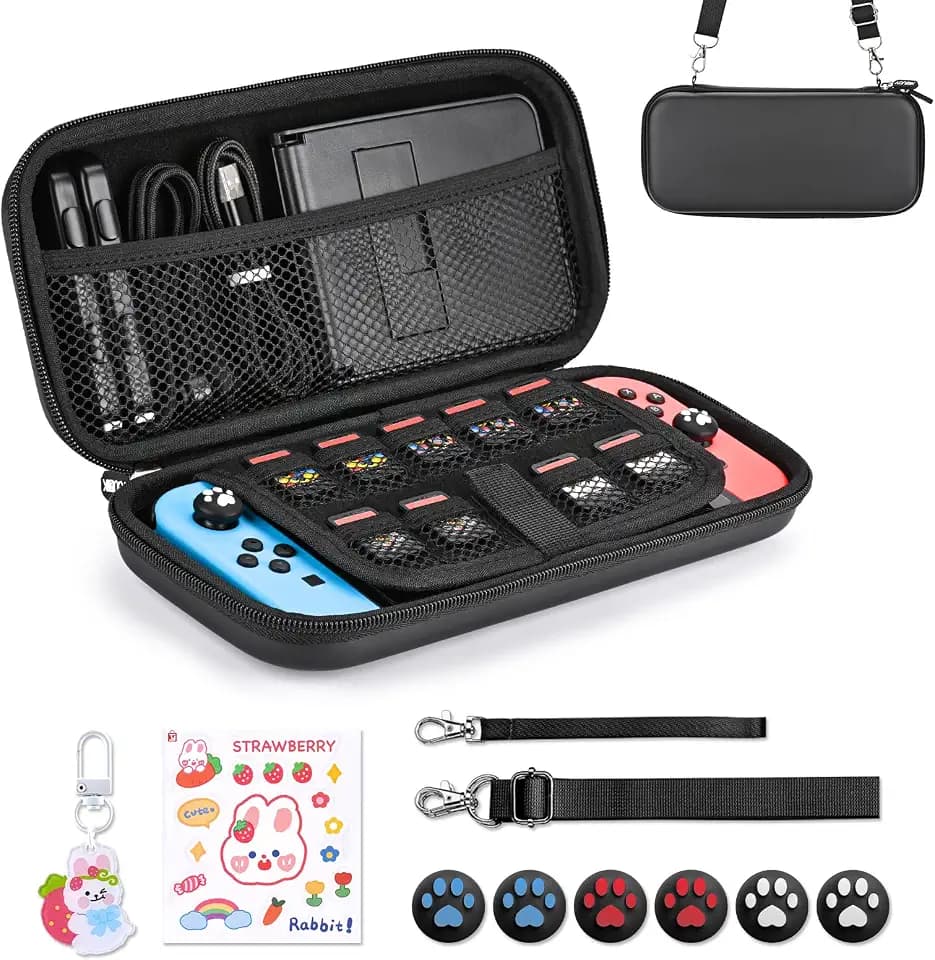 Younik Switch Case for NS Switch and Switch OLED, 11 in 1 Black Switch Accessories Kit Include Switch Carrying Case, Thumb Caps, Cute Sticker and Pendant