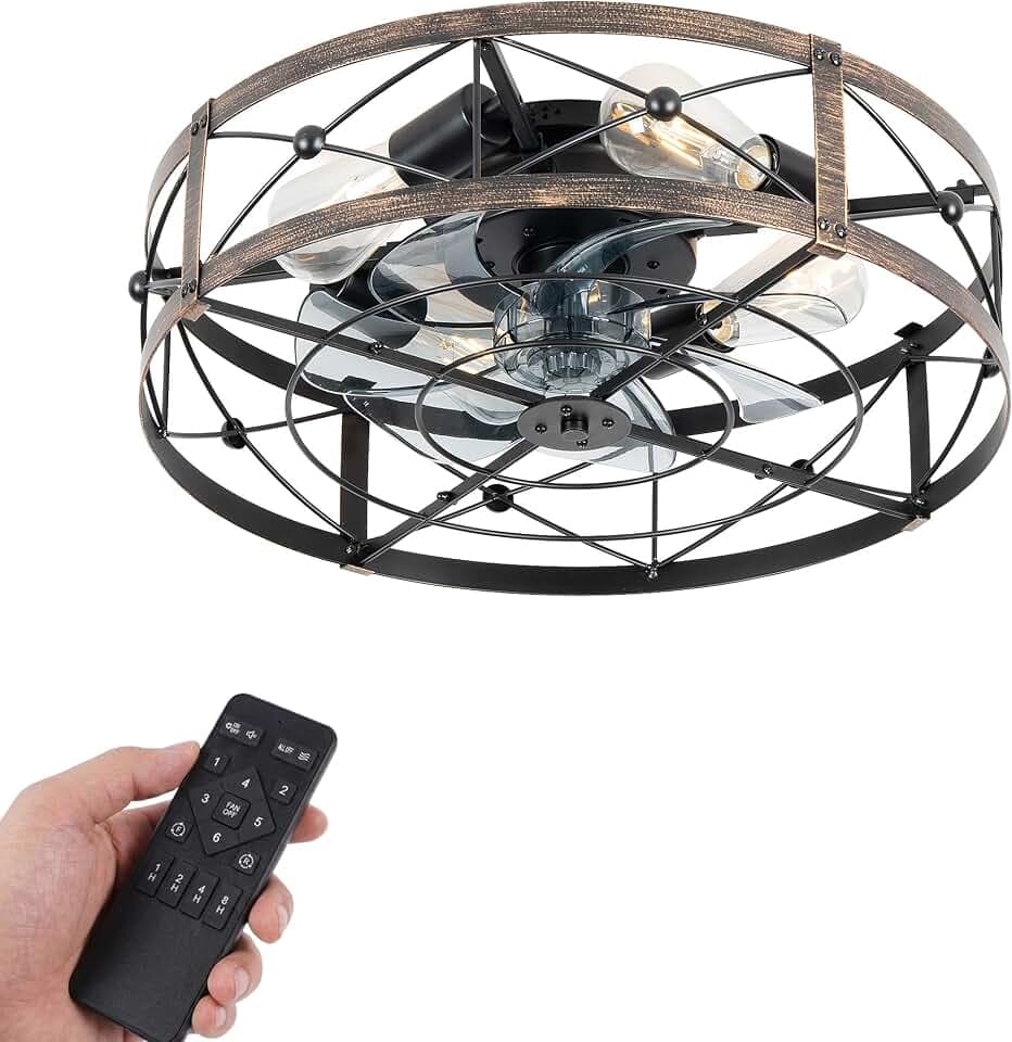 Ceiling Fans with Lights and Remote, 20 inch Industrial Flush Mount Ceiling Fan with 6 Speeds,Modern Silent Fan Lights Ceiling Fixtures for Kitchen, Bedroom,Indoor (Matte Black)