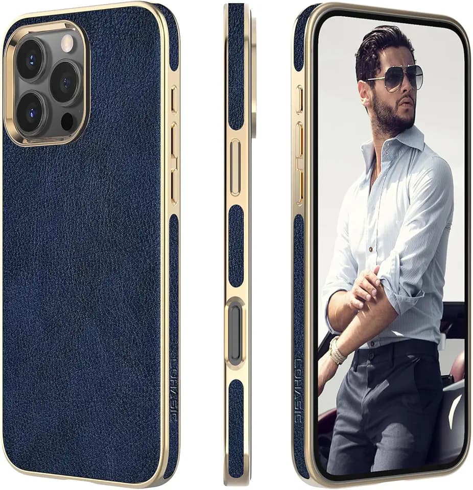LOHASIC for iPhone 16 Pro Max Case Leather, Luxury Phone Case, Navy Blue