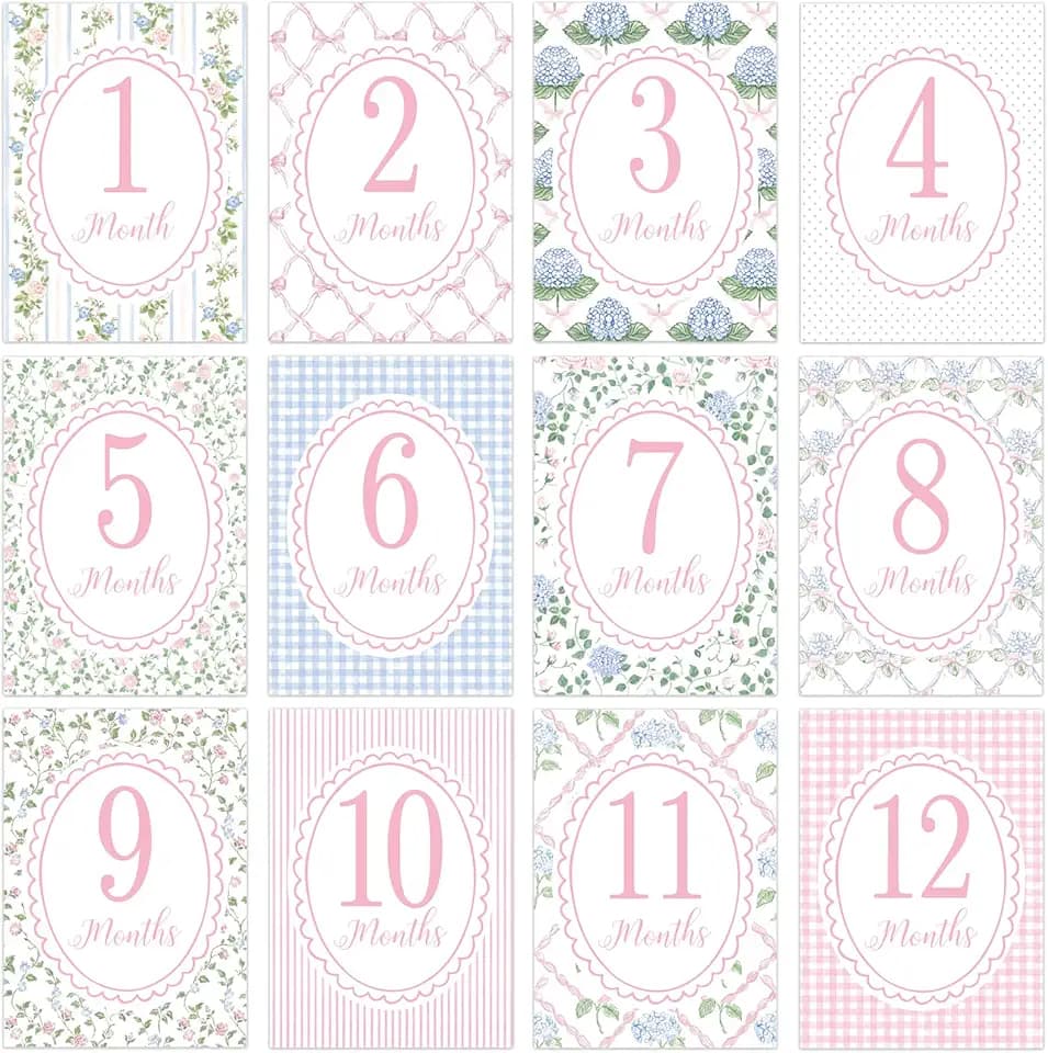 12 Pcs Baby Monthly Milestone Cards First Month Milestone Cards 1-12 Monthly Floral Baby Photo Props 5 x 7 Inch First Holiday Newborn Sign for New Parents Boy/Girl Photos Pictures 12 Designs