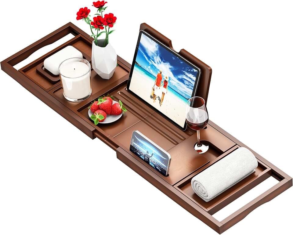 Ausziehbare Badewannenablage Braun- Verstellbares Badewannenbrett Badewannen Ablagen - rutschfeste Badewannenablage Passend für die meisten Badewannen - Hält Buch, iPad, Telefon, Glas, Kerze