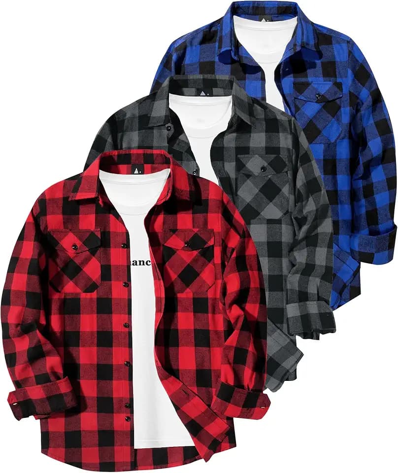 ZITY 3 Pack Men's Flannel Plaid Collar Shirts Long Sleeve Button Down