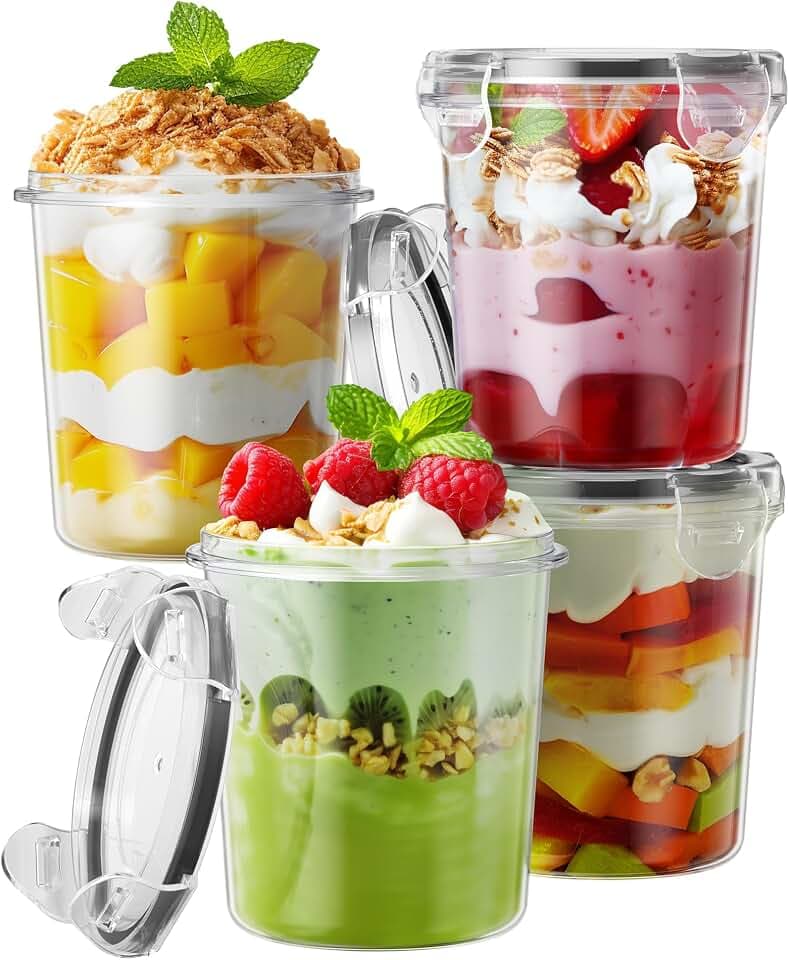 Canfanni Overnight Oats Containers with Lids, 4 Pack 13oz Overnight Oats Jars, Plastic Mason Jars, BPA Free, Portable, Leak Proof Oatmeal Containers for Yogurt, Soup, Cereal, Milk and Salad