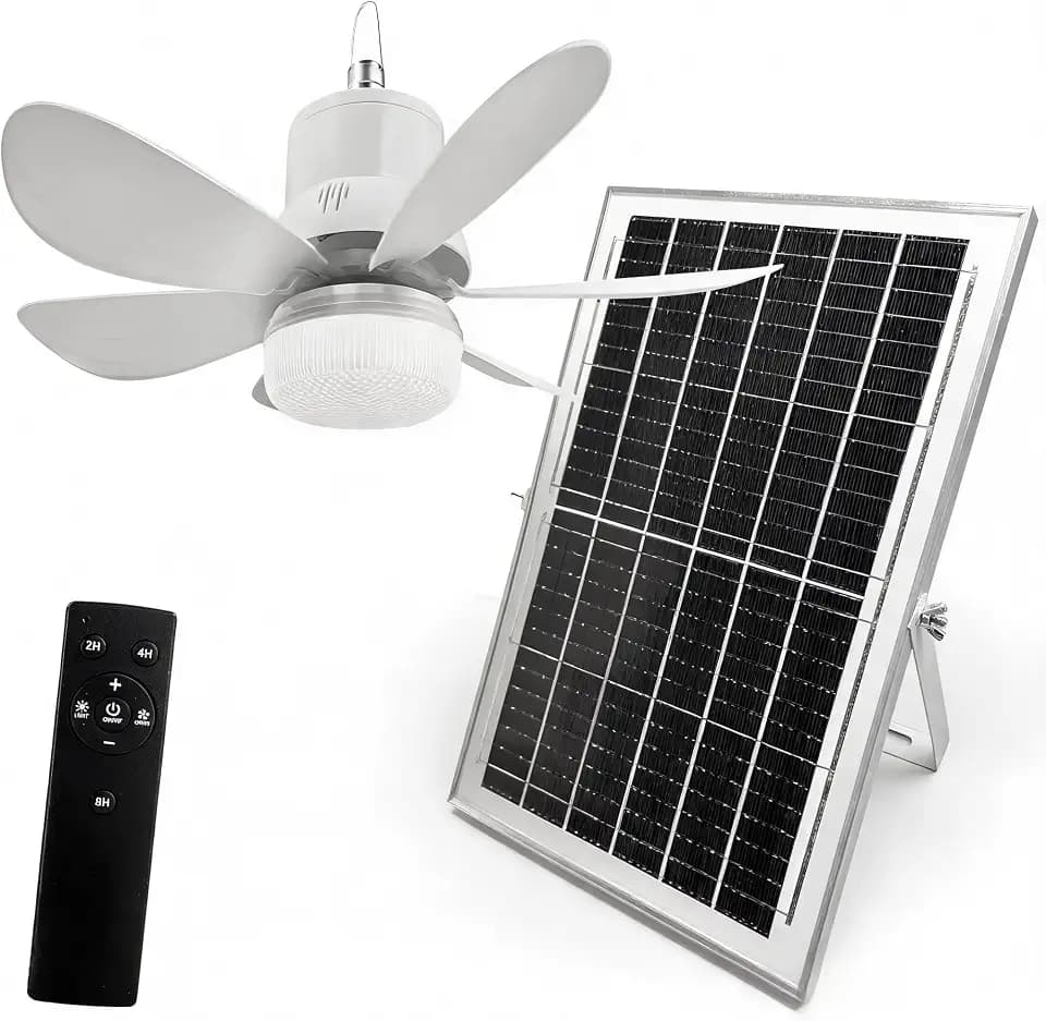 18.1" Solar Ceiling Fan Light with Battery Built-in 10000mAh Powered Rechargeable Hanging Portable Fan Long Cord Remote for Gazebo, Tent, Patios, Shed, Chicken Coop, RV, Greenhouse Outdoor