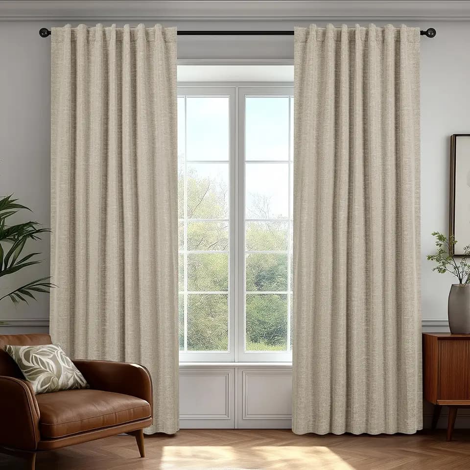 Deconovo Faux Linen 100% Blackout Curtains with Hidden Tabs & Pleat Tape, Tiebacks Included, Thermal Insulated Noise-Reducing Drapes for Bedroom & Living Room, Dark Beige, 50W x 63L, 2 Panels
