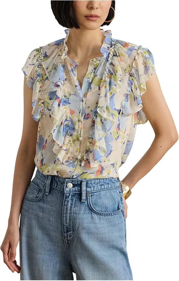 Lauren Ralph Lauren Floral Ruffle-Trim Georgette Shirt