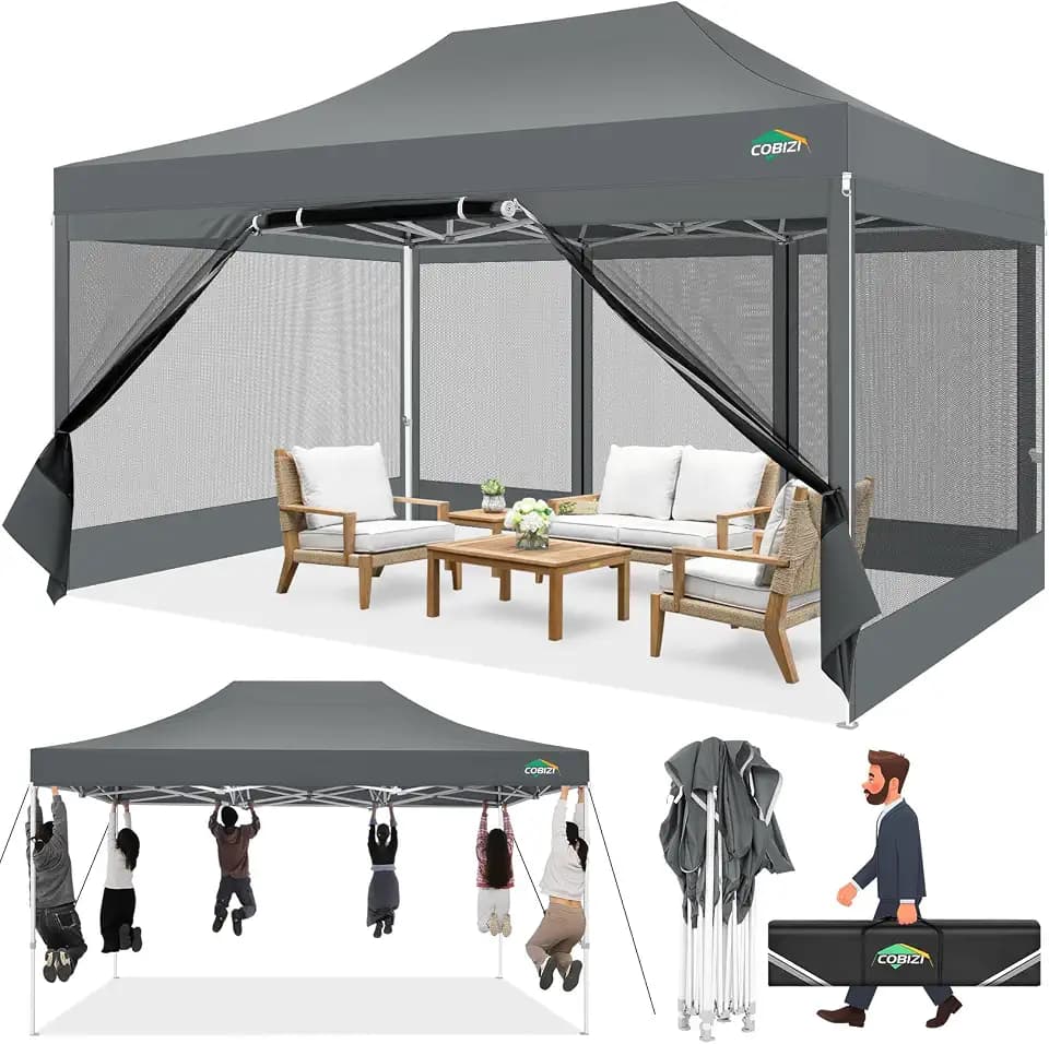 COBIZI Pavillon 3x4.5m Faltpavillon 3x4.5m Wasserdicht Stabil, Pop up Pavillon Faltbar, Partyzelt Gartenpavillon, Pavillion Klappbar UV-Schutz mit 4 Seitenwänden aus Mesh, Grau