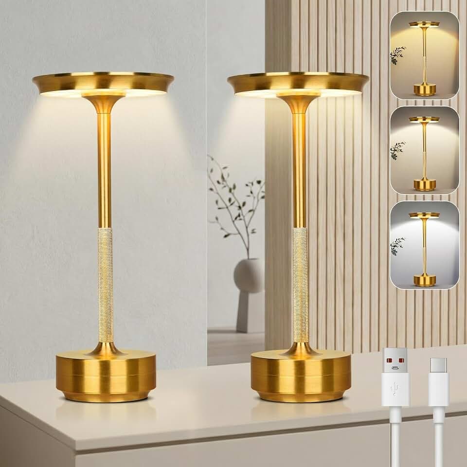Rosnek Tischlampe Kabellose LED, 3 Farbtemperaturen Stufenlos Dimmbare Akku Tischleuchte, Touch Lampe mit USB-C, Gold Stylische Tischlampe Akku für Innen & Außenbereich, Metall Tischleuchte 2er-Set