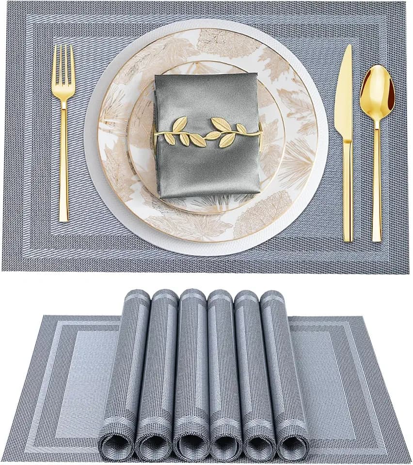 BETEAM Placemats Set of 6, Woven Place mats for Dining Table, Silver Grey
