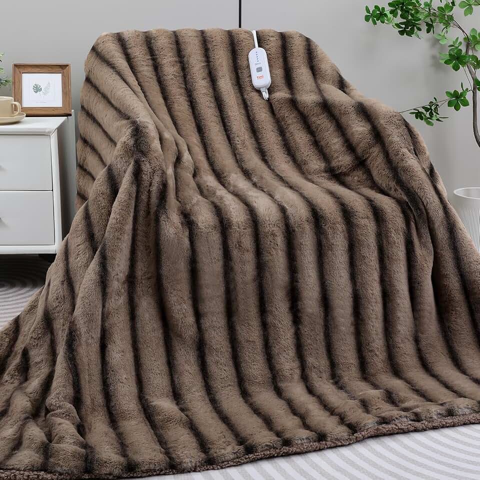 Heated Blanket Electric Throw- 50"x60" Soft Thick Faux Fur Electric Blanket for Sofa with 5 Heat Levels & 4 Hours Auto-Off Overheat Protection, Warm Cozy Gifts, Brown