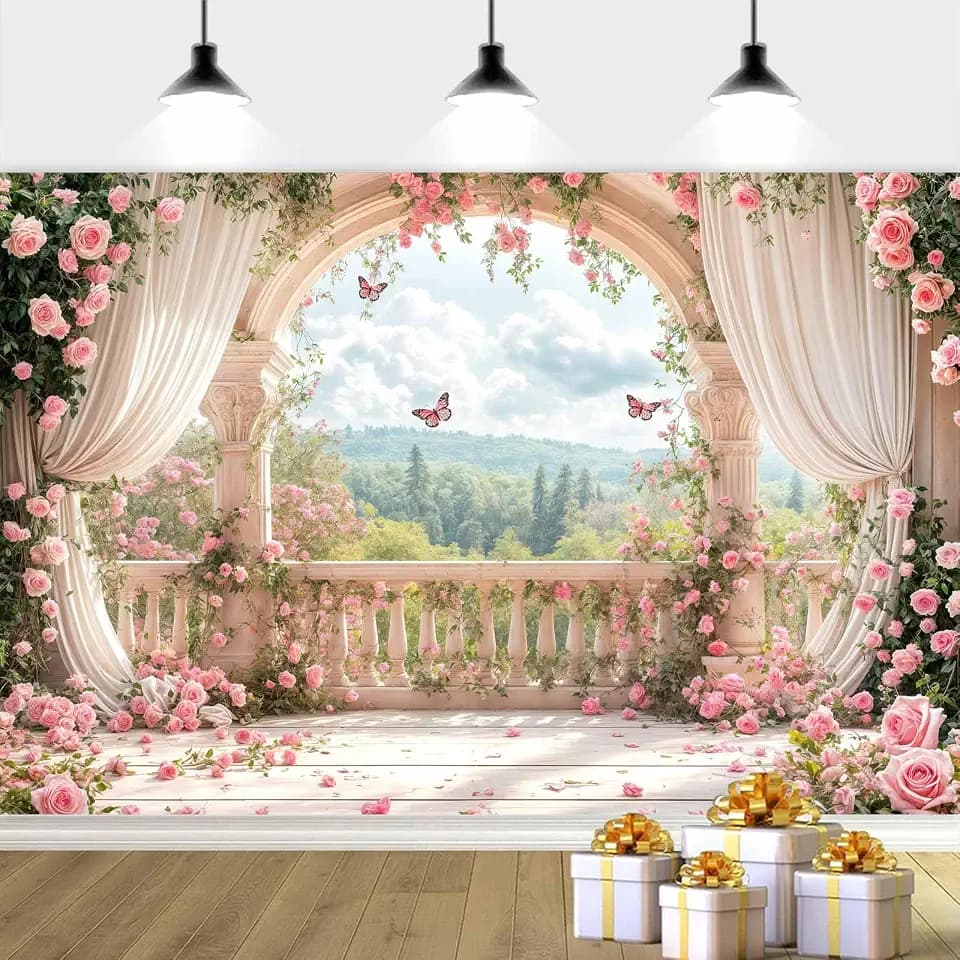 20X10ft Pink Floral Photography Backdrop, Retro Flowers Photography Backdrop Dreamlike Wedding Portrait Photo Background Wedding Birthday Party Background Banner Decor, Pink-1