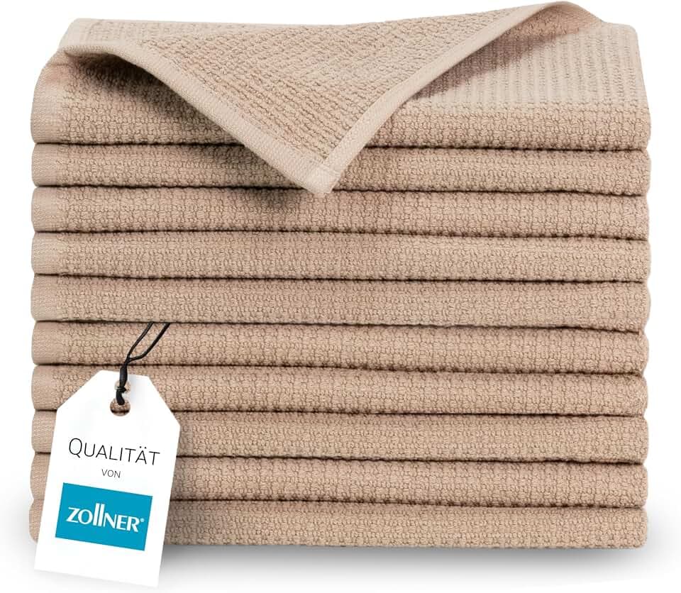 ZOLLNER 10er Set Gästetücher in 30x50 cm - langlebige Handtücher in beige - mit praktischem Aufhänger - Zeitloses Waffelmuster - waschbar bis 95°C - Baumwolle - Hotelqualität