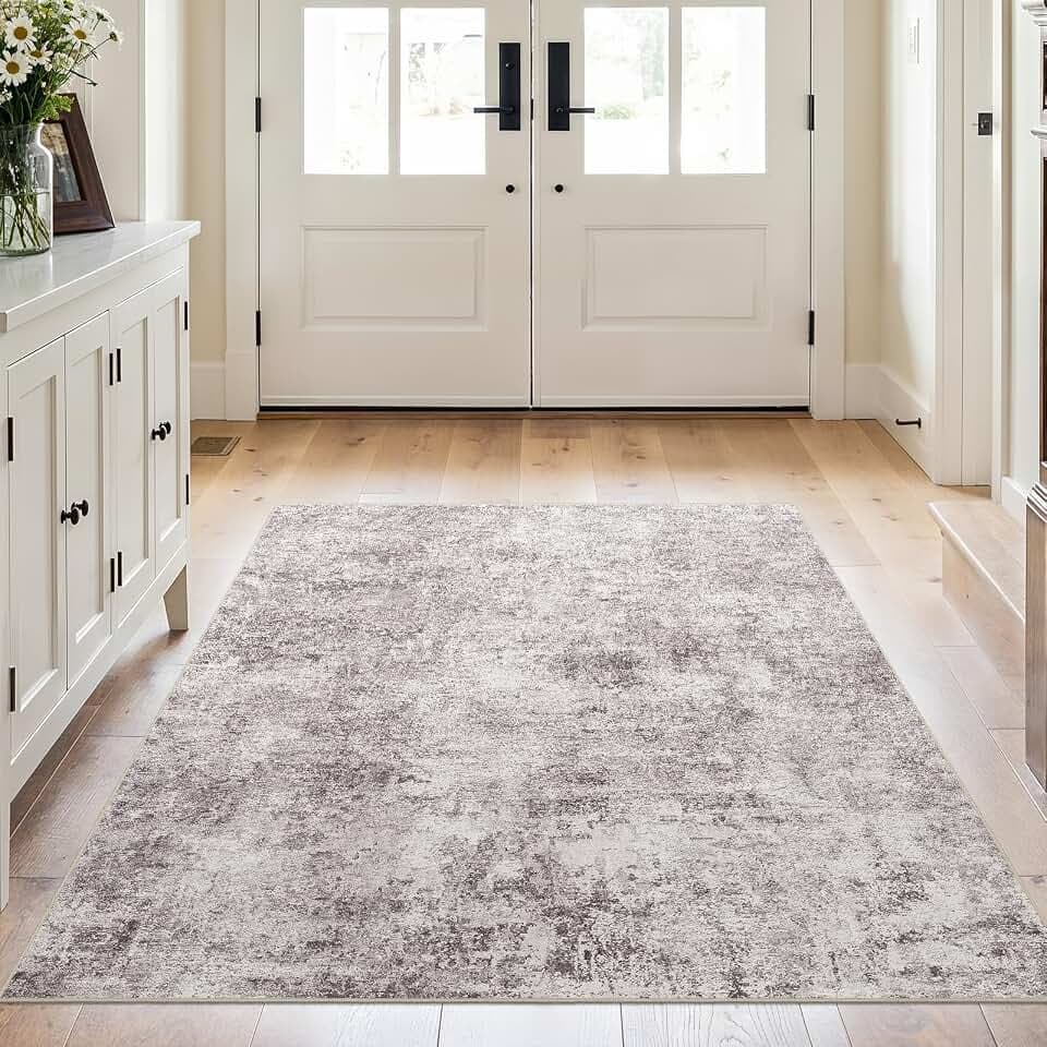 4x5 Washable Area Rug: Wide Abstract Neutral Entryway Carpet GrayCream