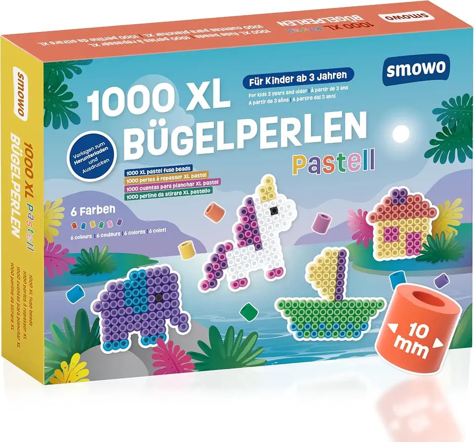 Smowo® Große 10mm Bügelperlen 1000 Stück für Kinder ab 3 Jahren - 6 Pastell Farben XL Steckperlen - Kreatives Perlenset
