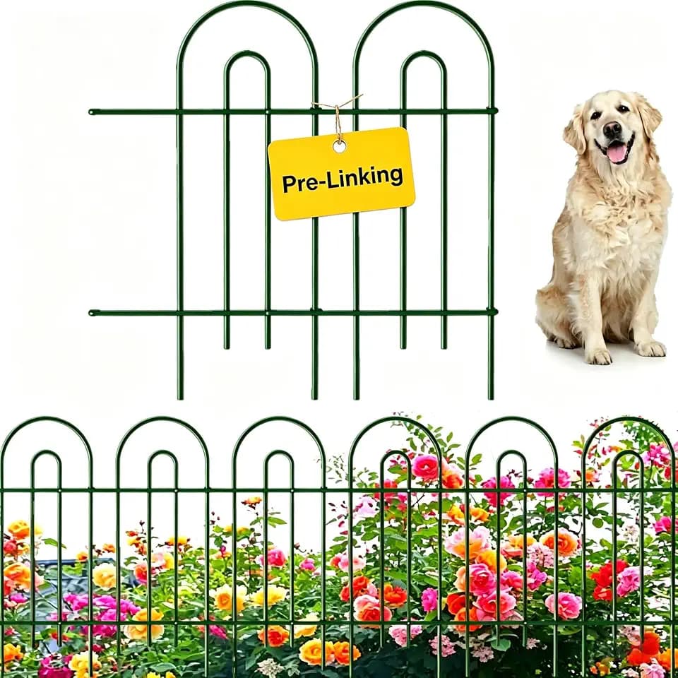 AMAGABELI 14 Panels 32in(H)×20ft(L) Decorative Garden Fence No Dig Rustproof Metal Pre-Linking Fence Panels Garden Edging Border Animal Barrier Fencing for Flower Beds Yard Patio Outdoor Decor Green