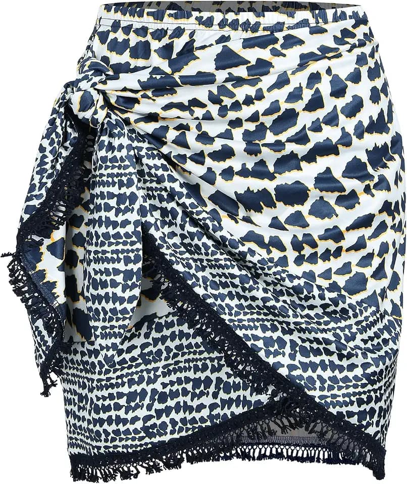 ZAFUL Slit Skirt for Women Boho Print Tie Side Wrap Tassel Casual Beach Mini Skirt