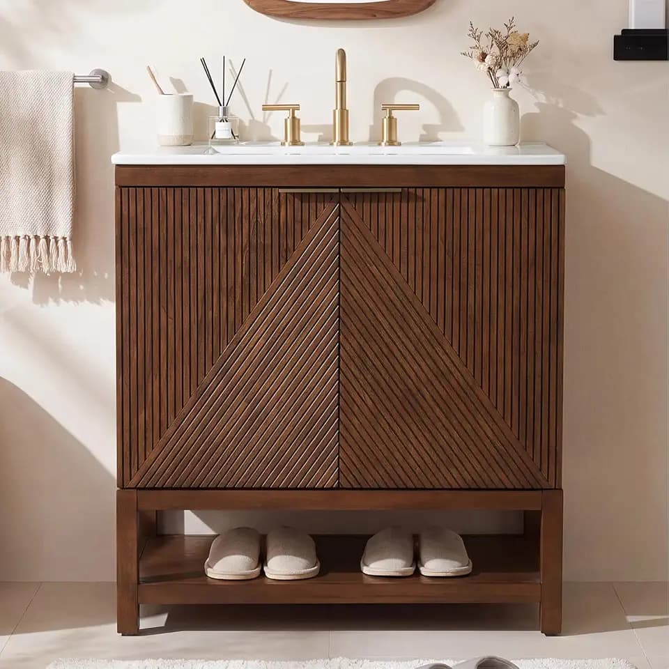 Tribesigns 30 Inch Bathroom Vanity with Sink, Farmhouse Fluted Design Door & Open Shelf, Freestanding Bath Storage Cabinet, Solid Wood Frame, Ceramic Sink, Rustic Brown