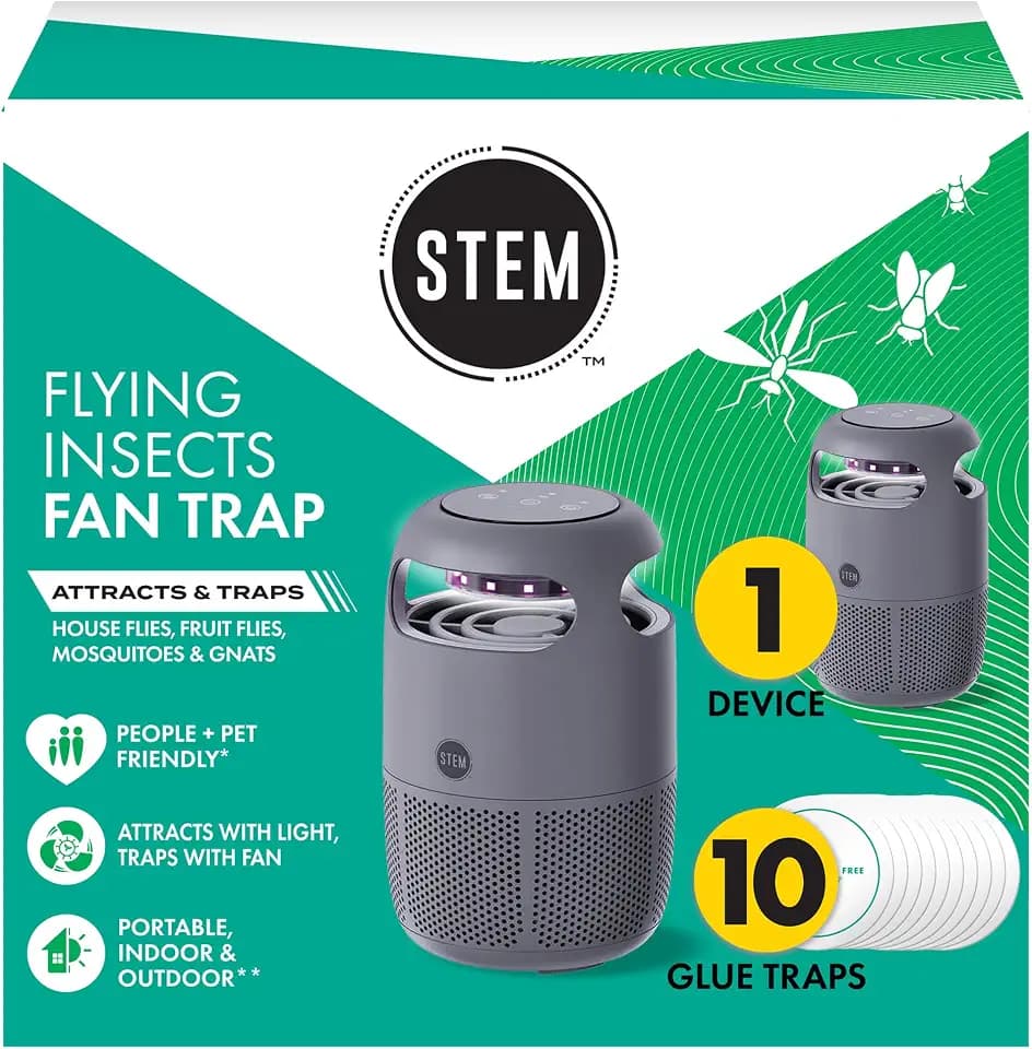 STEM Flying Insect Fan Trap for Indoor Bug Control, Attracts Mosquitoes, Fruit Flies, and House Flies, Plug-in Fan with UV Light, Starter Kit Includes 1 Device and 10 Glue Traps