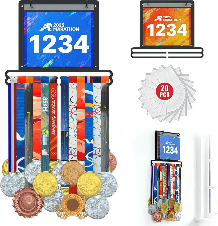 Jolitac Sportmedaillen-Auszeichnungsständer, Wandmontage, Marathon-Medaillen-Aufhänger, Halter für 60+ Medaillen, 100 Läufer, Rennlätzchen, 20 Lätzchen, Flip Vinylhüllen