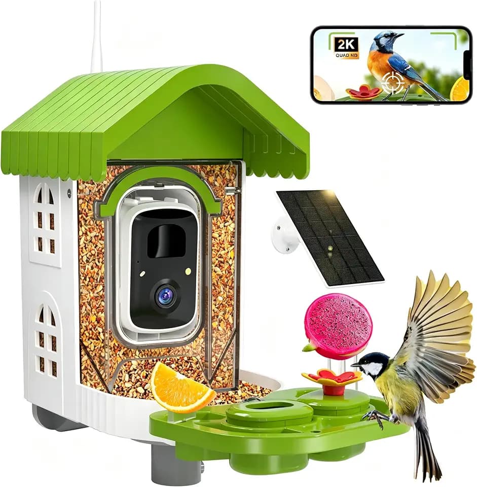 NEEZUKAR Smart Bird Feeder with Camera Solar Powered, AI Species Identification, 2K HD Video, Instant Arrival Alerts, Weatherproof Design for Outdoor, Best Gift for Bird Lovers(Green)