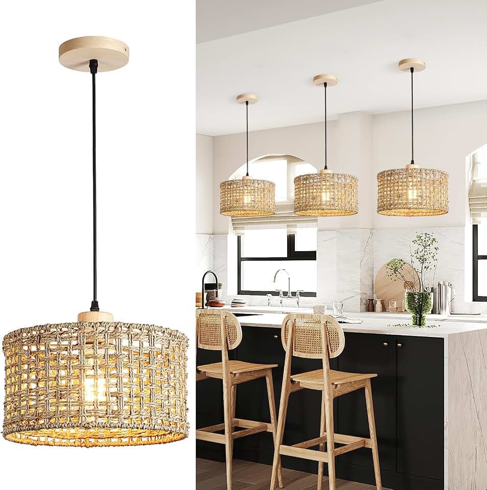 Rattan Pendant Lights Kitchen Island wiht Hand-Woven Wickel Shade