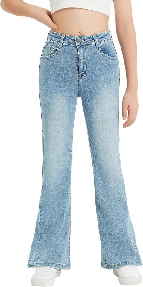 EXARUS Girls Flare Denim Jeans Full Length Pants Ripped Mid Rise