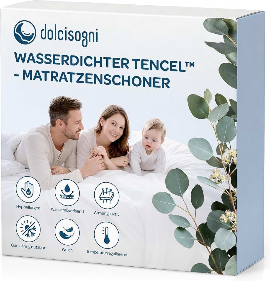 DOLCI SOGNI Matratzenschoner Wasserdicht aus Tencel – Milbenbezug Matratze 180x200 cm & Milbenschutzbezug – Allergiker Matratzenbezug Atmungsaktiv – Matratzenschoner Doppelbett mit Spannumrandung