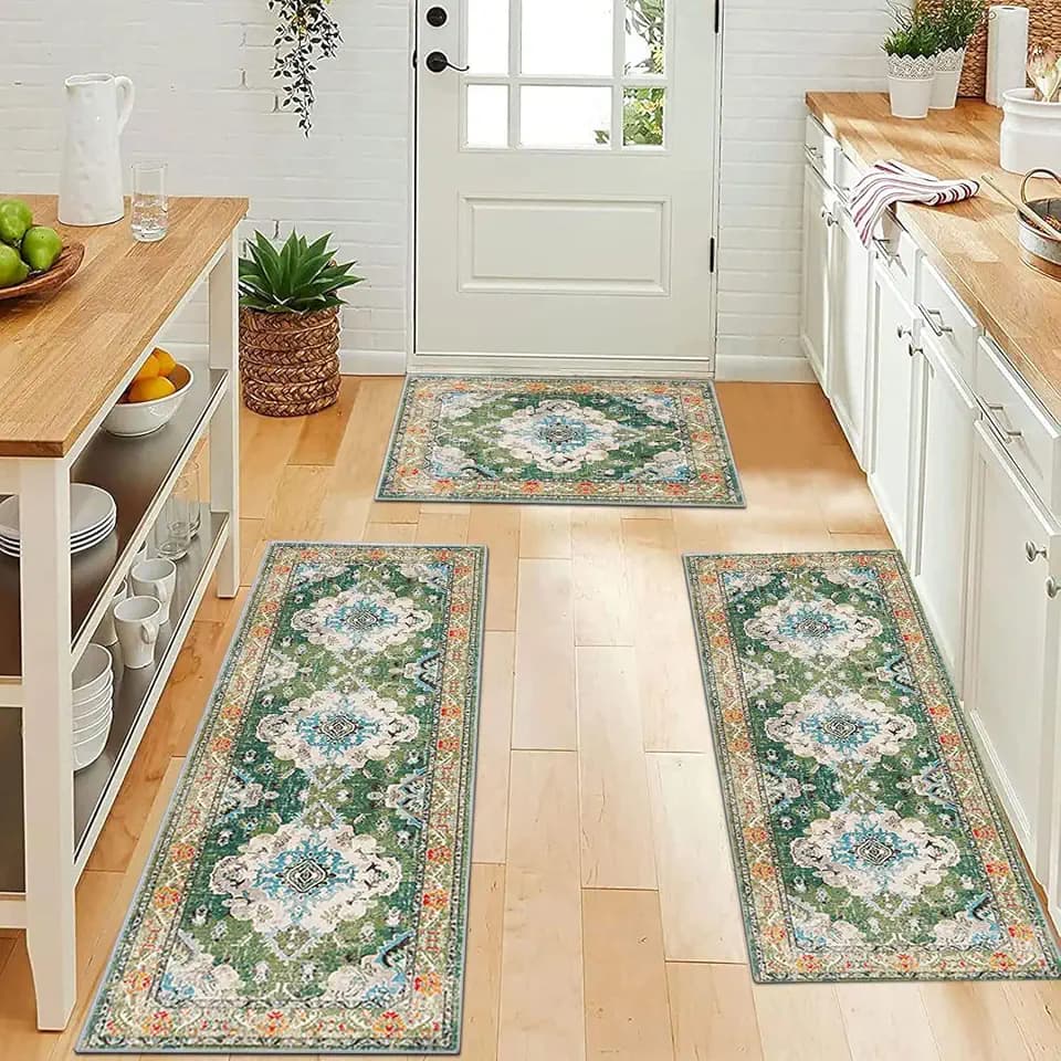 Green Vintage Kitchen Rugs Sets of 3 Non Slip Boho Runner