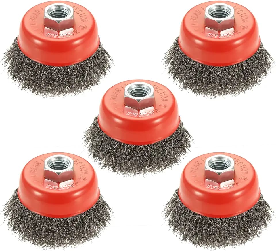 AUPREX 5 Pack 3 Inch Coarse Crimped Wire Cup Brush for Angle Grinder with 5/8 Inch-11 Threaded Arbor - 0.014 Inch Carbon Steel Wire -Light Duty Conditioning for Metals