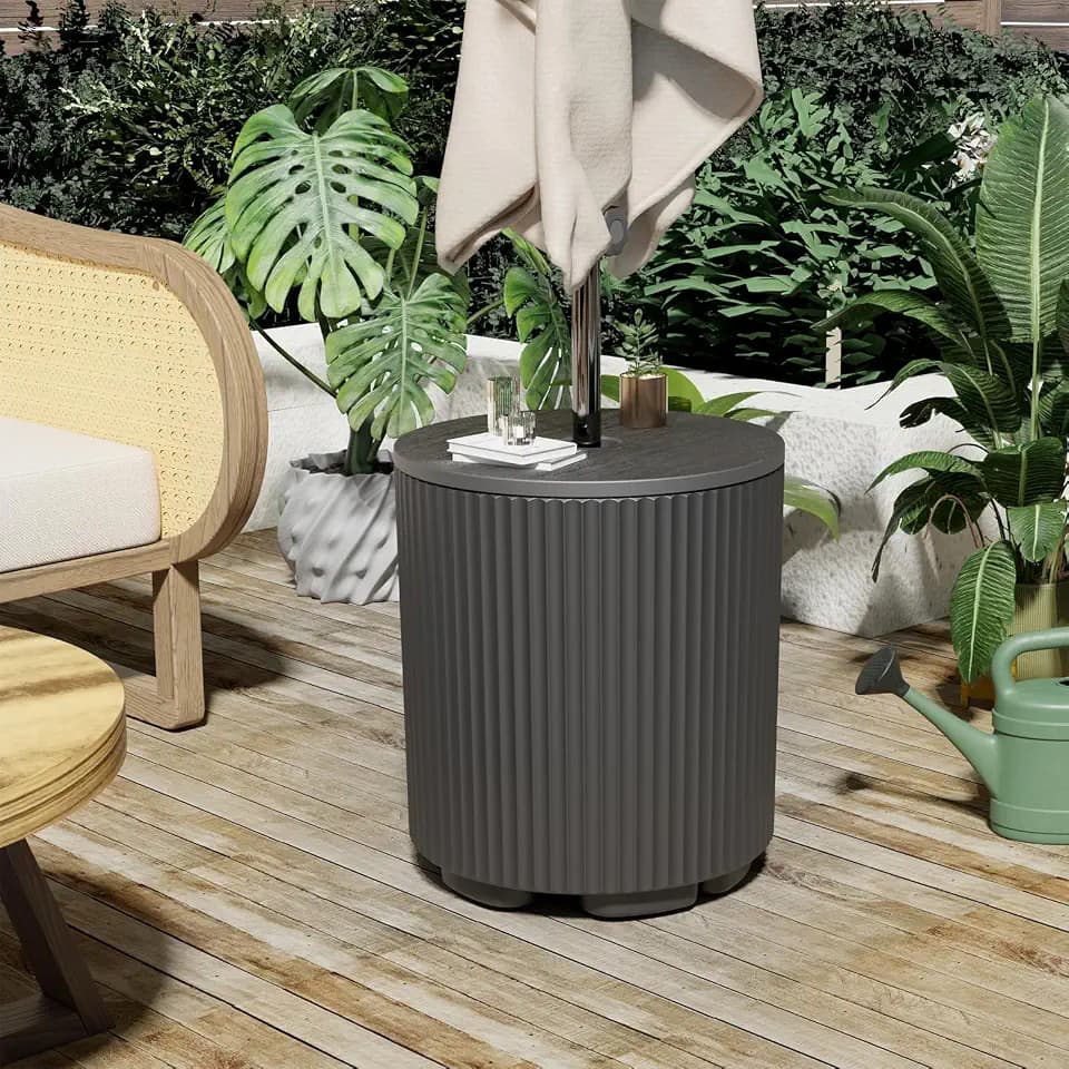 FONTOI Patio Side Table with Umbrella Hole, 11.5 Gallon Fillable Umbrella Stand, Suitable for Center Pole Umbrellas with Pole Diameter from 1.5"-1.9", Plastic Table for Outdoor, Black