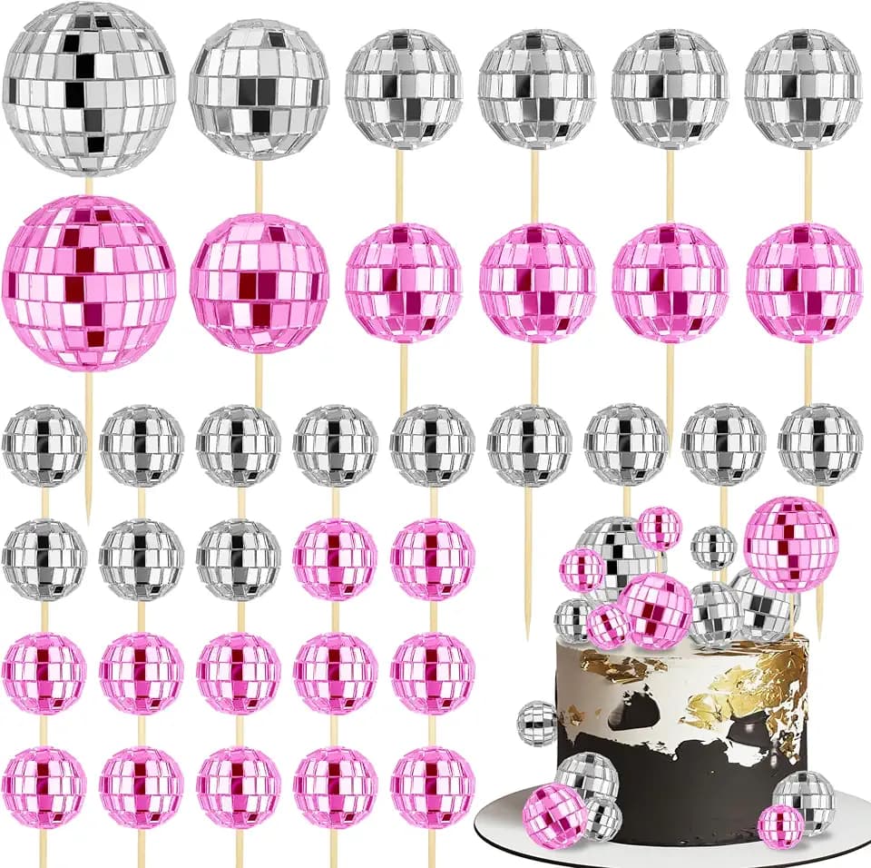 36 PCS Disco Ball Cupcake toppers 1970s Retro Cake Decorations Shiny Mini Disco Ball Picks for Disco Theme Party Dessert Birthday Decorations Ornament